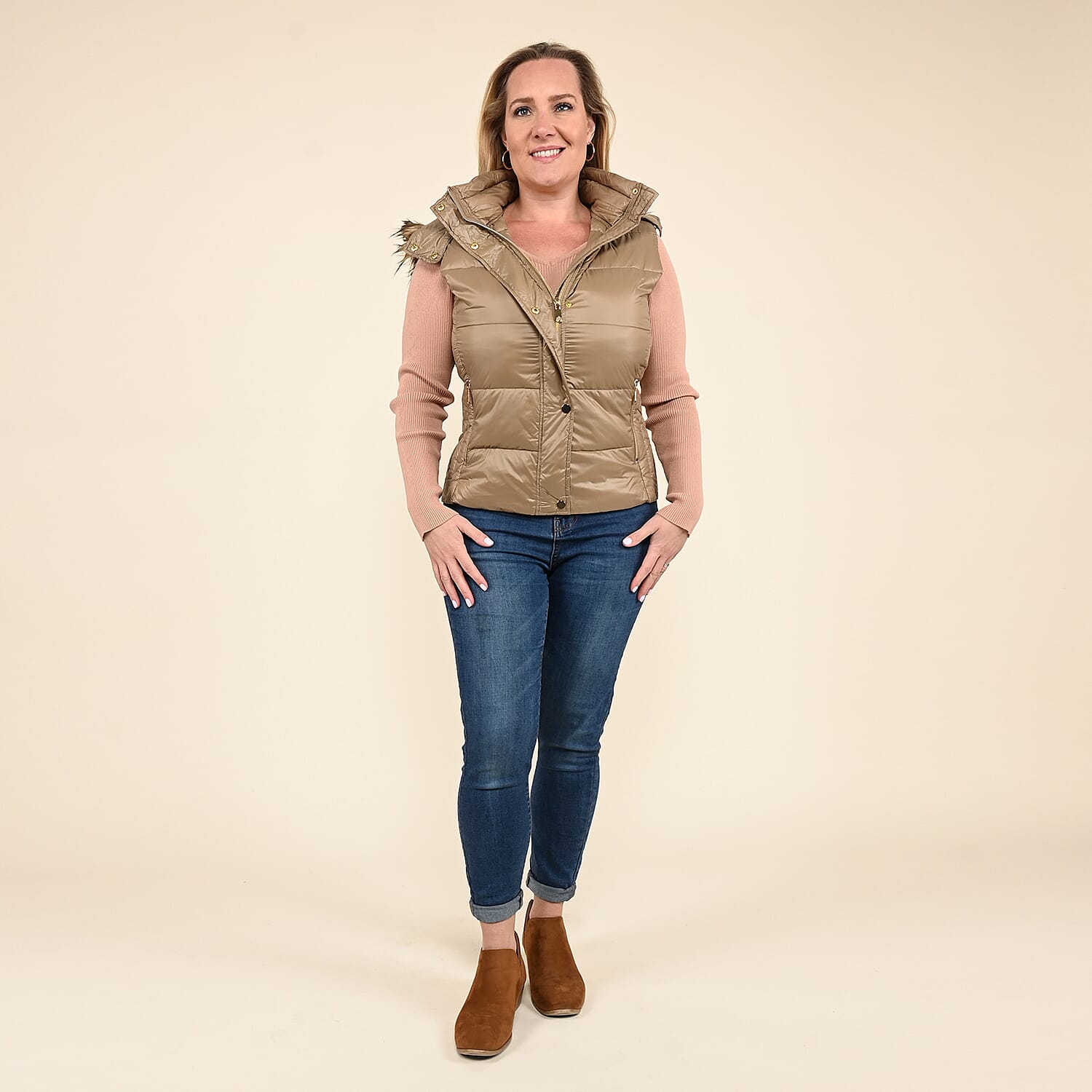TAMSY Beige Puffer Vest with Faux Fur Hood Large