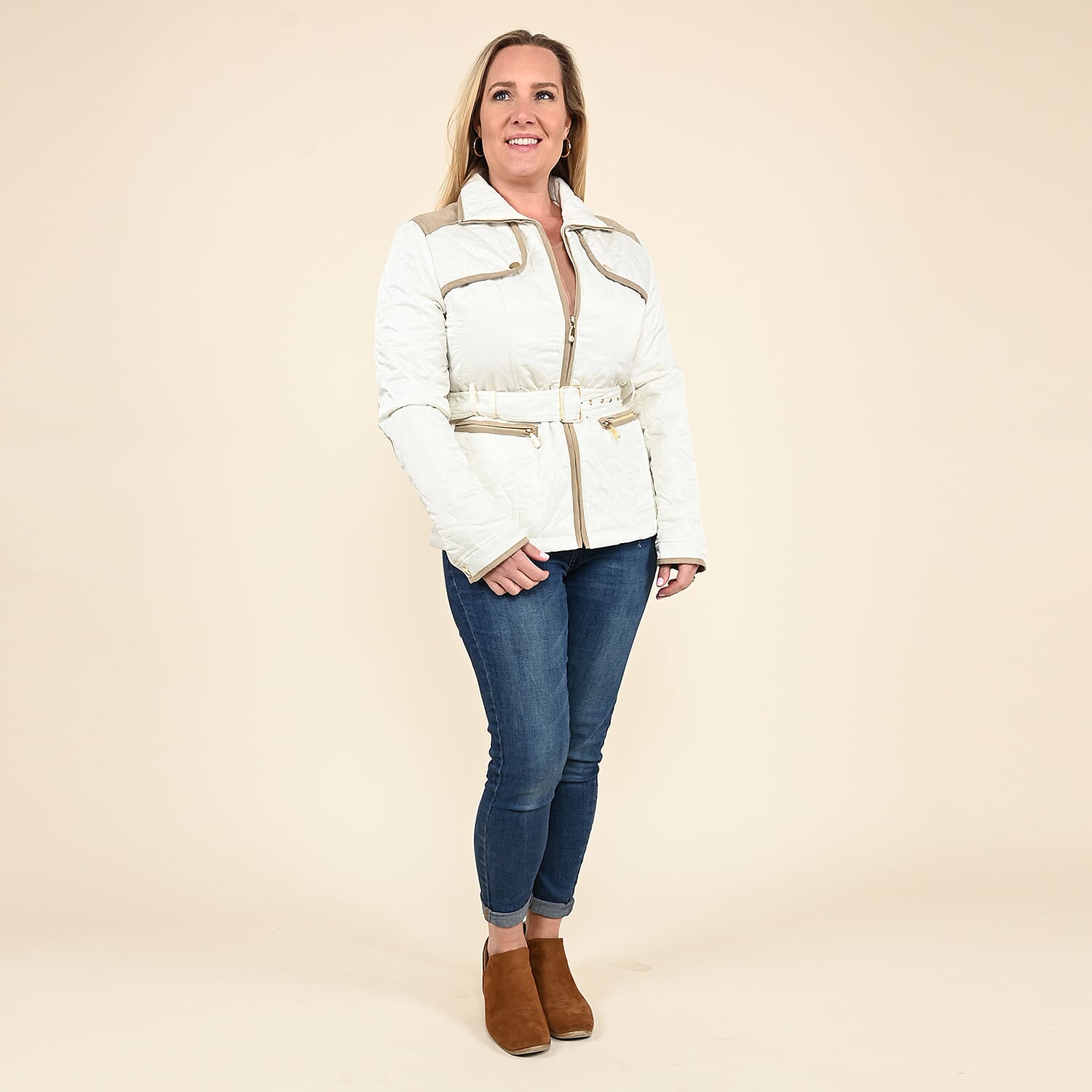 TAMSY White Quilted Jacket with Belt and Stand Collar - Large