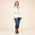 TAMSY White Quilted Jacket with Belt and Stand Collar - Large - Sticky add to cart bar