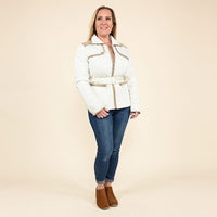 TAMSY White Quilted Jacket with Belt and Stand Collar - Large