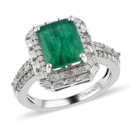 Socoto Emerald and Diamond Halo Ring in Platinum Over Sterling Silver (Size 7.0) 2.90 ctw