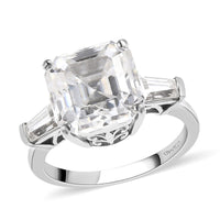 Heart & Arrow Cut Moissanite 3 Stone Ring in Platinum Over Sterling Silver (Size 10.0) 4.75 ctw