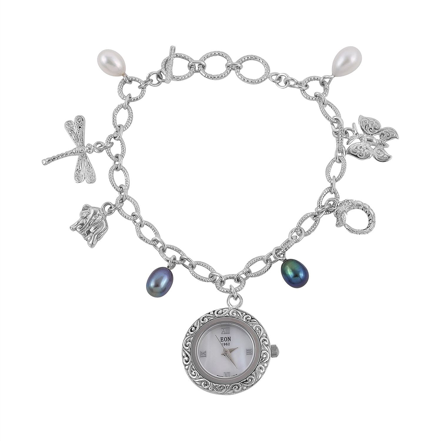 Eon 1962 Swiss Movement Mother Of Pearl and Freshwater Pearl Bracelet Watch in Sterling Silver (6.50-8.00In) (22 mm Case)