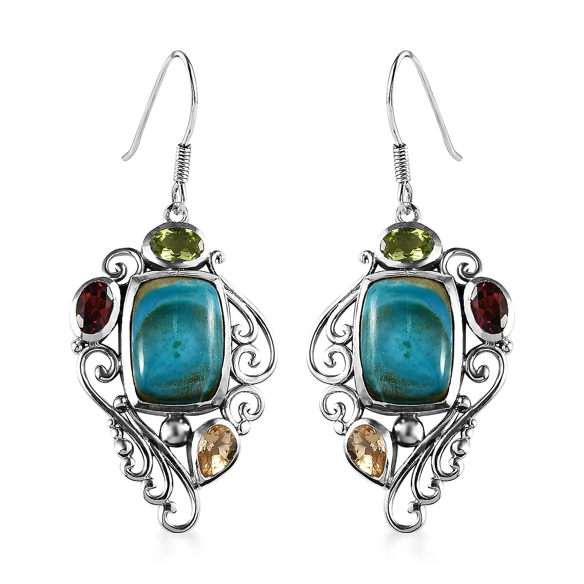 Artisan Crafted Peruvian Opalina and Multi Gemstone Fancy Earrings in Sterling Silver 14.35 ctw