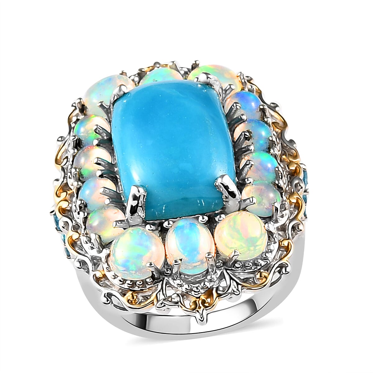 Peruvian Opalina and Multi Gemstone Halo Ring in Vermeil Yellow Gold and Platinum Over Sterling Silver (Size 10.0) 8.15 ctw