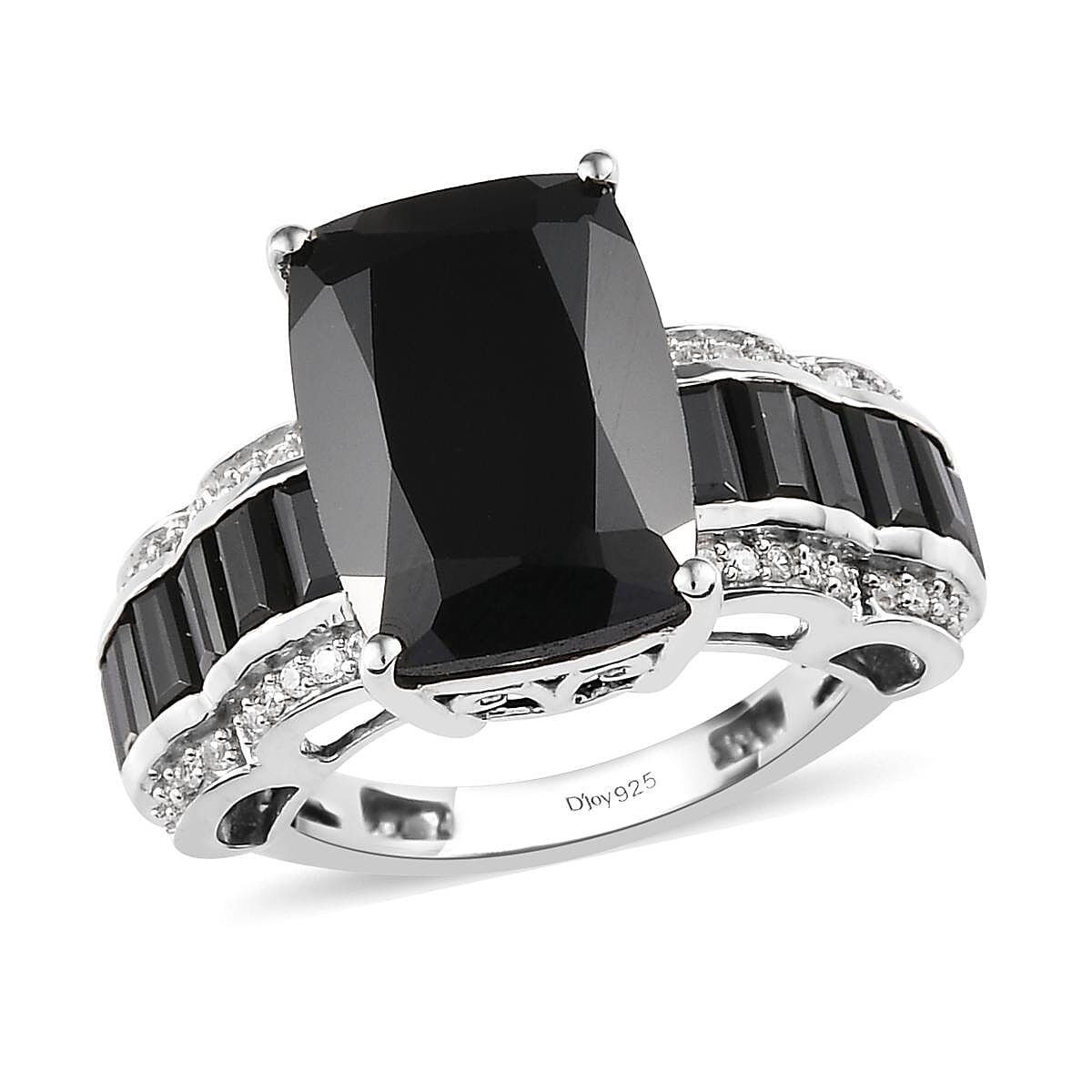 Natural Thai Black Spinel and Natural White Zircon Ring in Platinum Over Sterling Silver 10.85 ctw