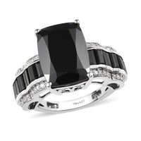 Natural Thai Black Spinel and Natural White Zircon Ring in Platinum Over Sterling Silver 10.85 ctw