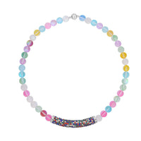 Blue Aurora Borealis Glass and Blue Austrian Crystal Boho Style Necklace 20 Inches in Silvertone