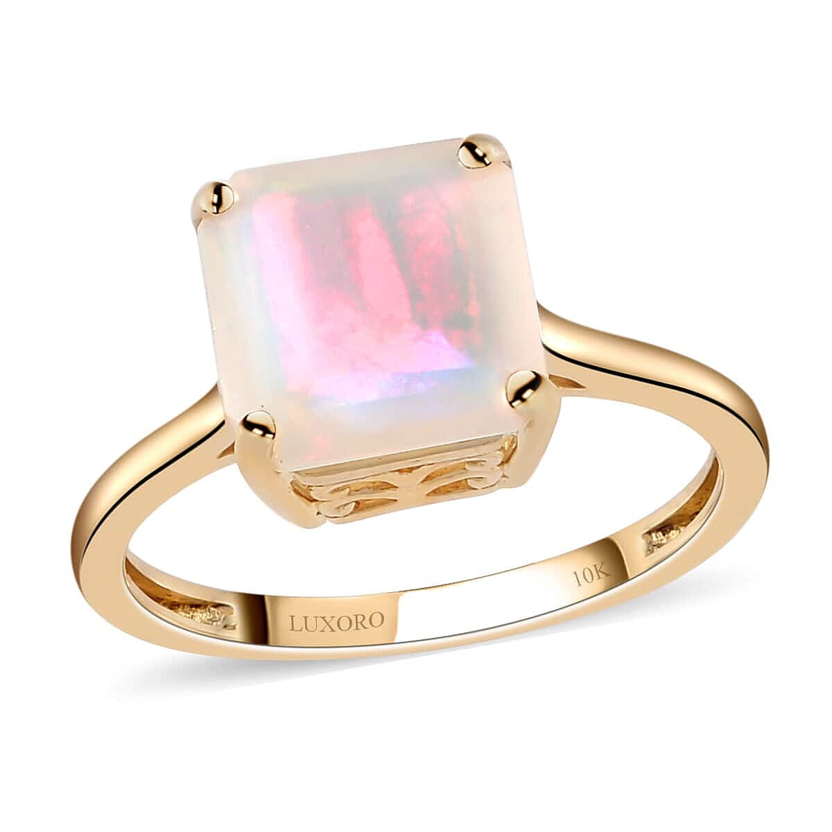 TLV LUXORO 10K Yellow Gold Asscher Cut Premium Ethiopian Welo Opal (Oct 9x9 mm) Solitaire Ring (Size 10.0) 1.90 ctw