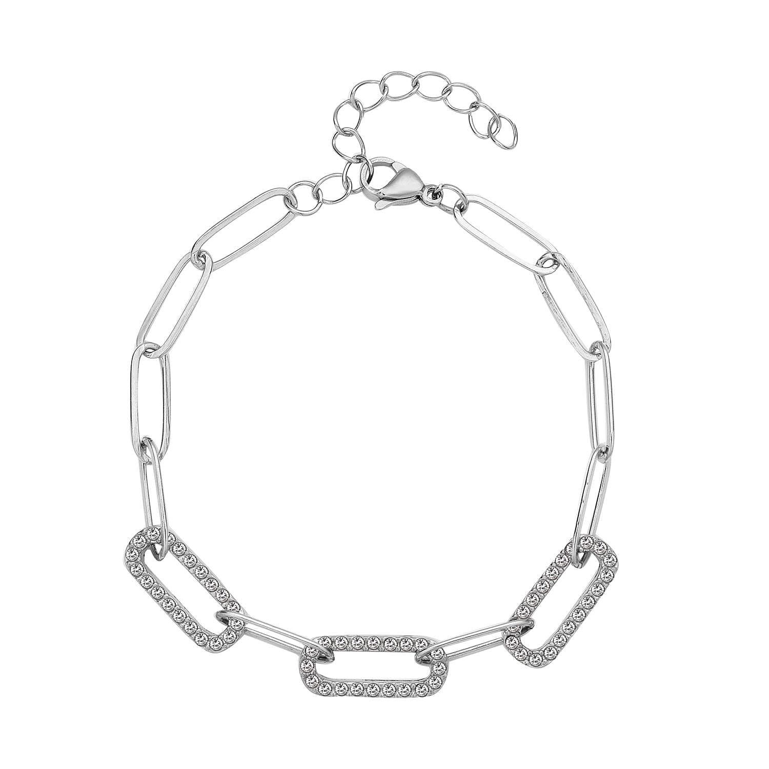 Multi Color Austrian Crystal Paper Clip Bracelet in Stainless Steel (7.50-9.50In)