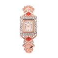 Strada Red and White Austrian Crystal, Simulated Pink Cat's Eye Japanese Movement Bangle Bracelet (6.5-7 In) Watch in Rosetone (26.40 mm) 0.50 ctw - Sticky add to cart bar