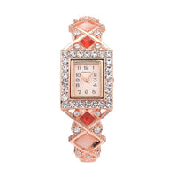 Strada Red and White Austrian Crystal, Simulated Pink Cat's Eye Japanese Movement Bangle Bracelet (6.5-7 In) Watch in Rosetone (26.40 mm) 0.50 ctw