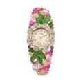 Strada Japanese Movement Multi Color Crystal, Pink Glass Floral & Leaves Pattern Bangle Bracelet (6.5-7 In) Watch in Goldtone (26.67mm) - Sticky add to cart bar