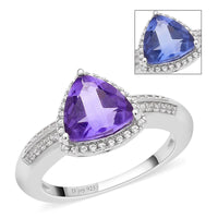 Color Change Fluorite and Natural White Zircon Halo Ring in Rhodium Over Sterling Silver 3.25 ctw
