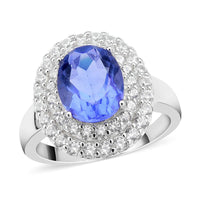 Color Change Fluorite and Natural White Zircon Double Halo Ring in Rhodium Over Sterling Silver 4.40 ctw