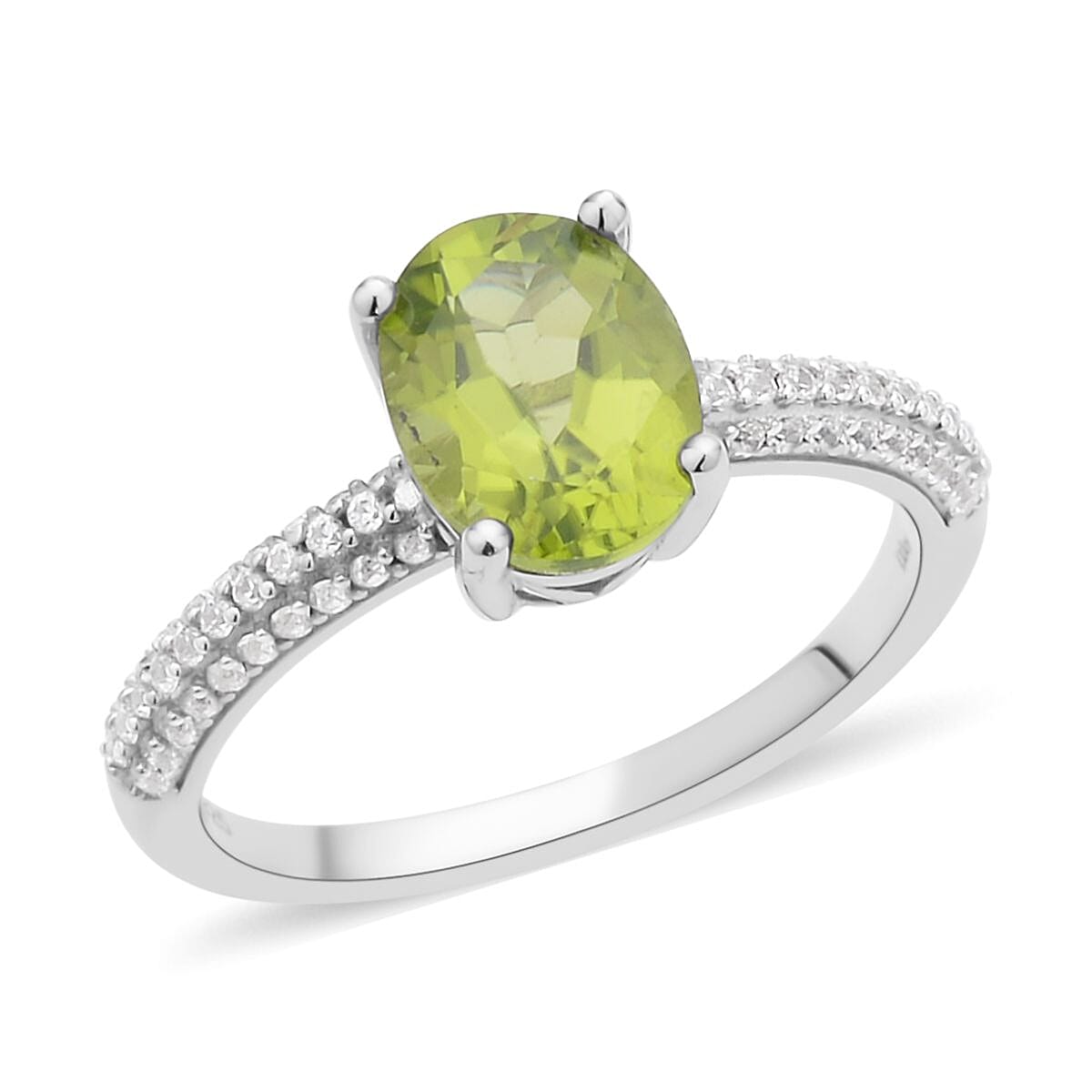 Peridot, White Zircon Ring in Rhodium Over Sterling Silver (Size 10.0) 2.35 ctw