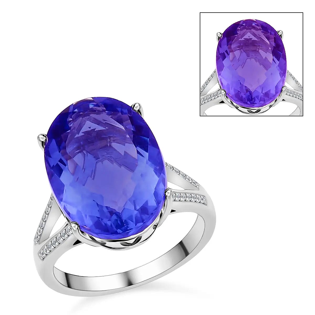 Color Change Fluorite, Natural White Zircon Ring in Rhodium Over Sterling Silver (Size 10.0) 14.50 ctw