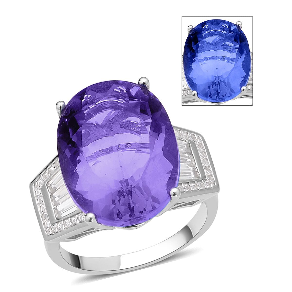 Color Change Fluorite, Natural White Zircon Ring in Rhodium Over Sterling Silver (Size 10.0) 21.60 ctw