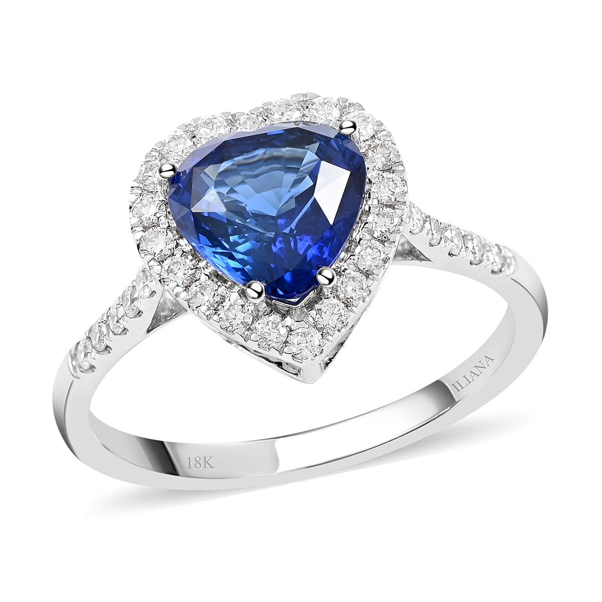 Certified & Appraised Iliana 18K White Gold AAA Royal Ceylon Sapphire, Diamond (G-H, SI) (0.33 cts) Heart Halo Ring (Size 7.0) (3.20 g) 2.55 ctw