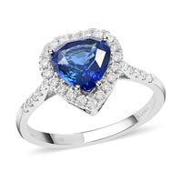 Certified & Appraised Iliana 18K White Gold AAA Royal Ceylon Sapphire, Diamond (G-H, SI) (0.33 cts) Heart Halo Ring (Size 7.0) (3.20 g) 2.55 ctw