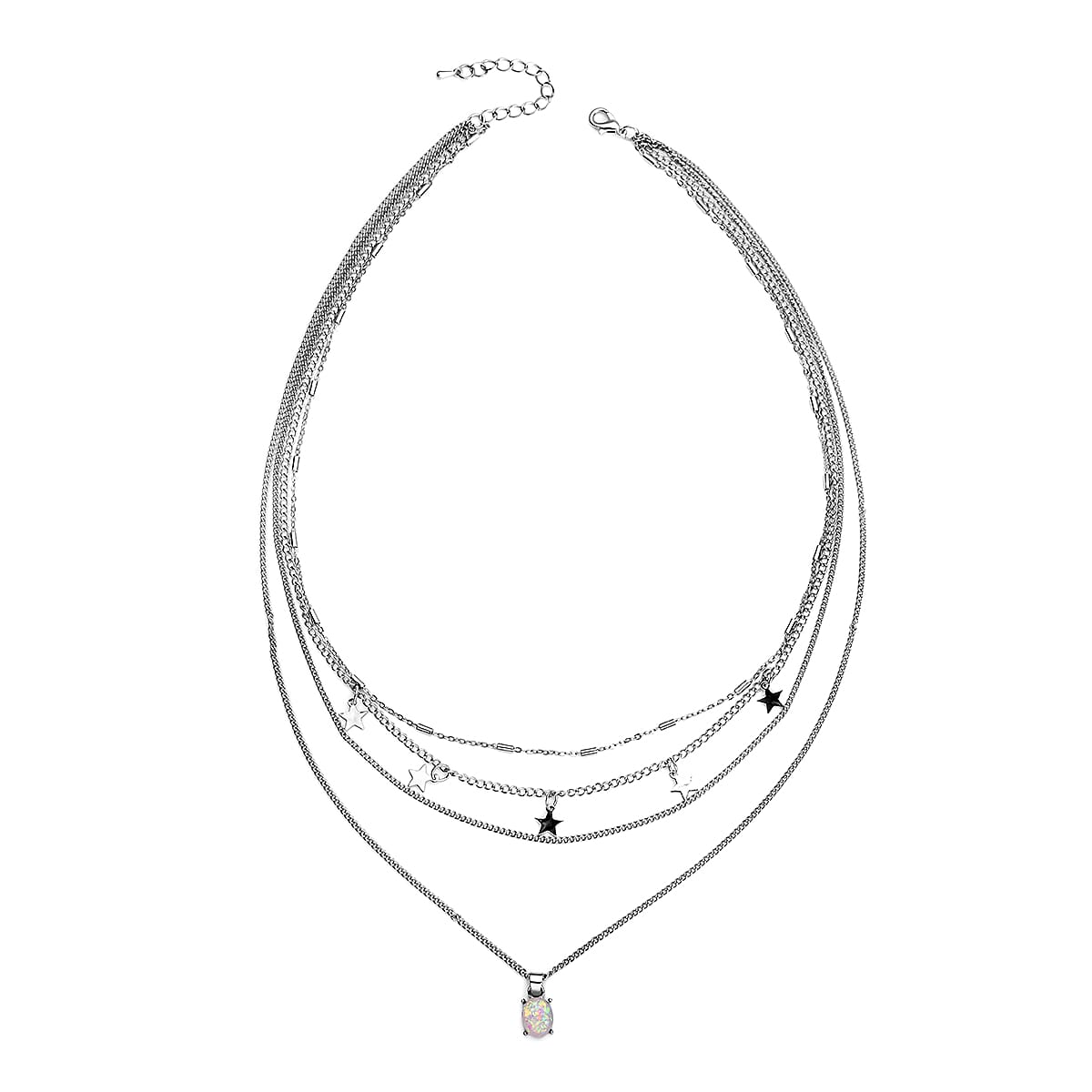 Lab Created Pink Opal Layered Link Chain Necklace 18.5-20.5 Inches with Star Charms in Rosetone