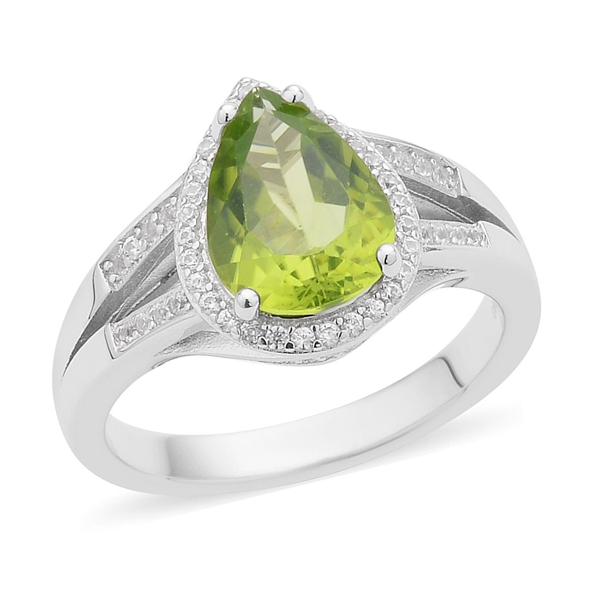 Premium Peridot and White Zircon Split Shank Ring in Rhodium Over Sterling Silver (Size 10.0) 3.10 ctw