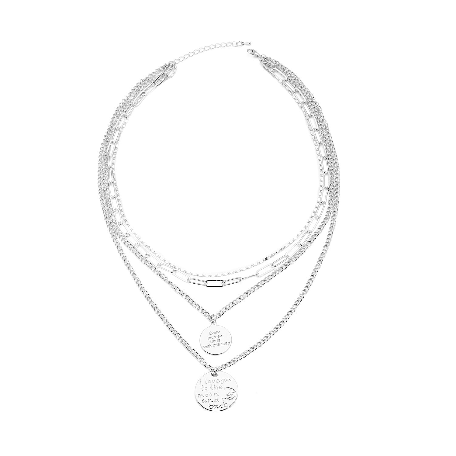 Metallic Plate with Engraved Message & Cameo Charm Layered Link Chain Necklace 18.5-20.5 Inches in Rosetone
