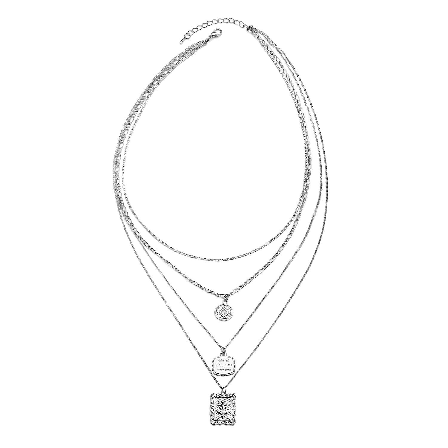 Multi Shape Coin Charm Layered Link Chain Necklace 18.5-20.5 Inches in Silvertone