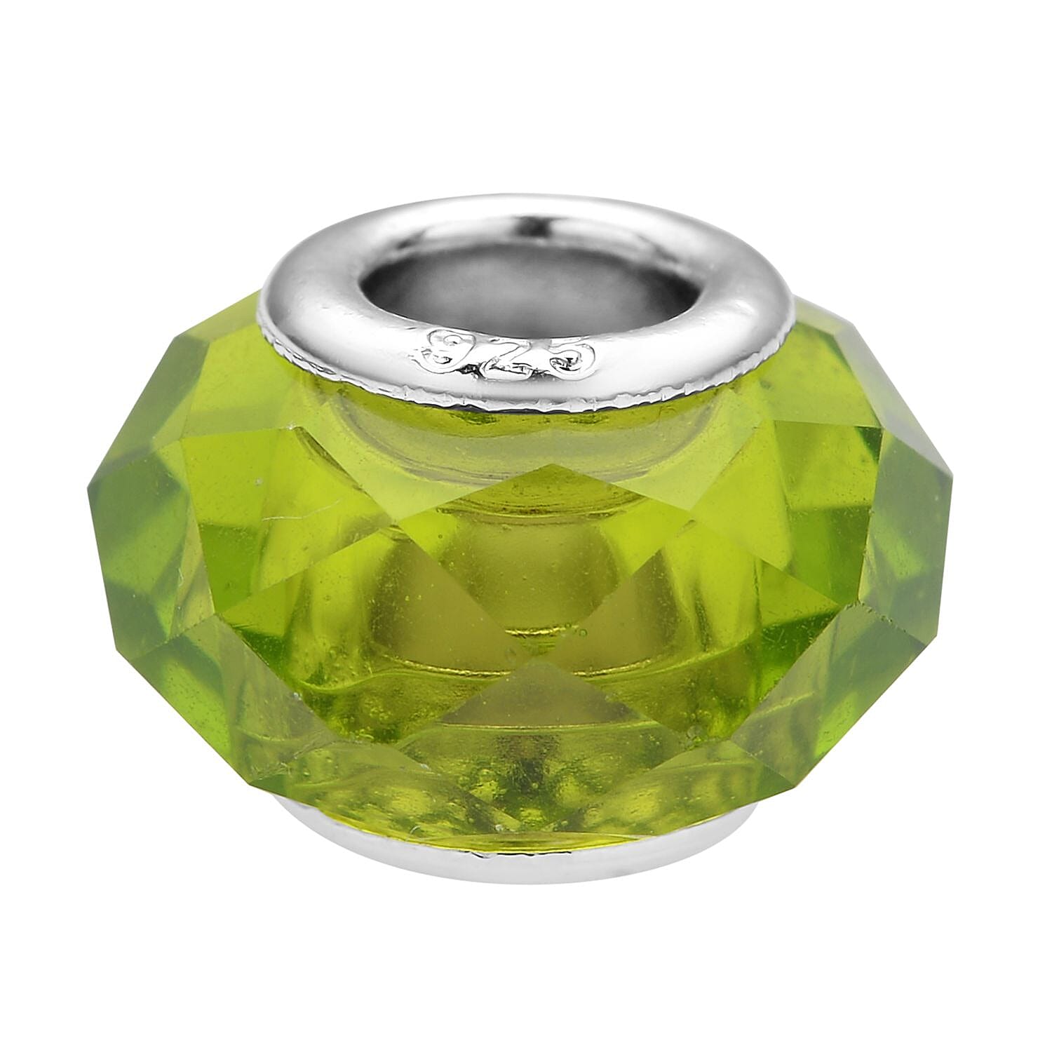 Green Glass Charm in Rhodium Over Sterling Silver