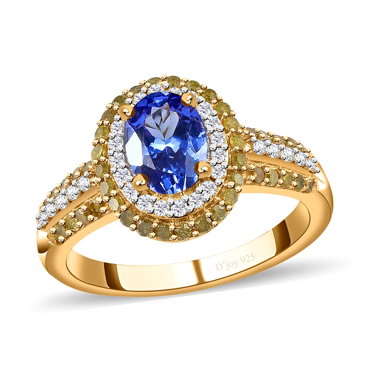TLV AAA Tanzanite, Yellow Diamond (IR), White Diamond (0.60 cts) Cocktail Ring in Vermeil YG Over Sterling Silver (Size 7.0) 1.60 ctw