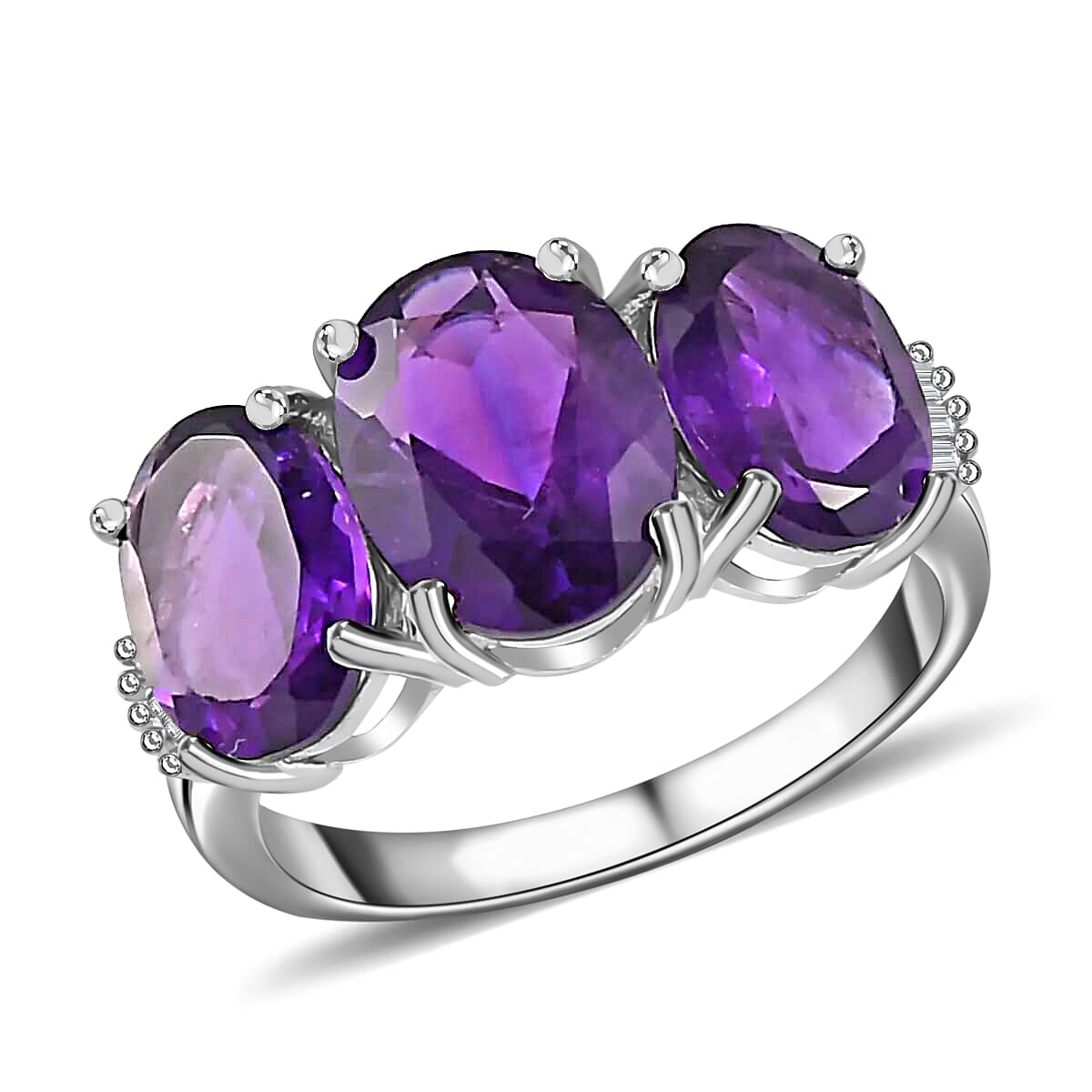 Amethyst and Diamond Trilogy Ring in Platinum Over Sterling Silver 3.85 ctw