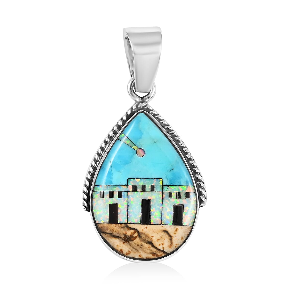 SANTA FE Style Kingman Turquoise and Multi Gemstone Pueblo Homes Pendant in Sterling Silver 4.65 ctw