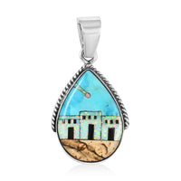 SANTA FE Style Kingman Turquoise and Multi Gemstone Pueblo Homes Pendant in Sterling Silver 4.65 ctw