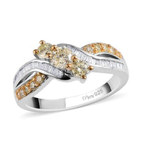Natural Yellow and White Diamond I3 Criss Cross Ring in Rhodium and Platinum Over Sterling Silver 0.75 ctw