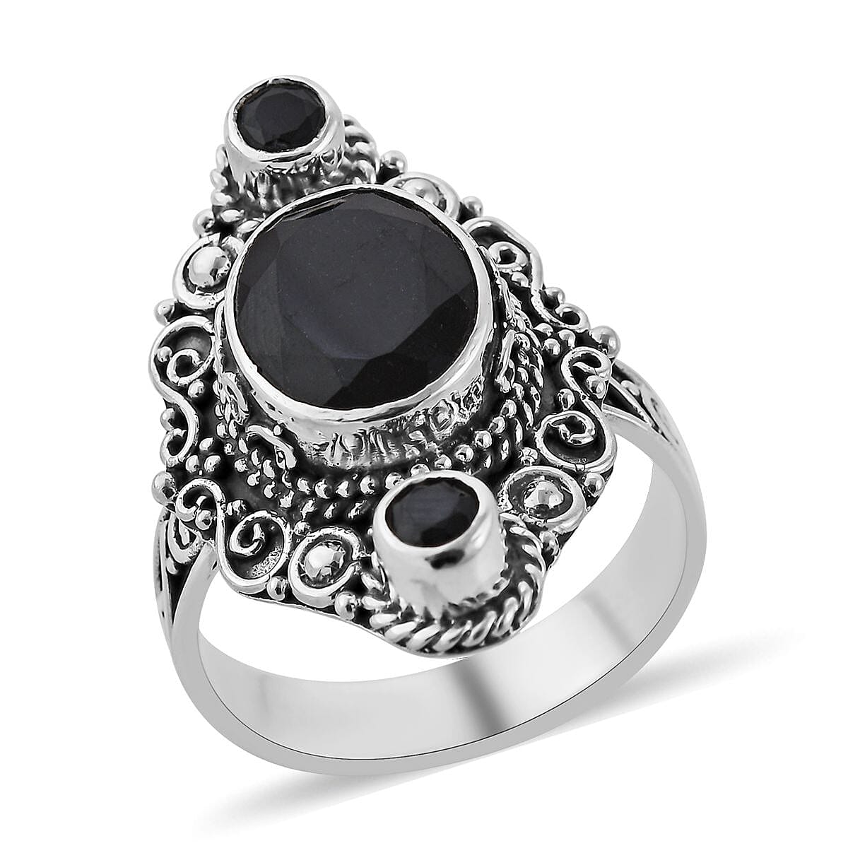 BALI LEGACY Australian Black Tourmaline and Natural Thai Black Spinel Ring in Sterling Silver 9 Grams 5.65 ctw