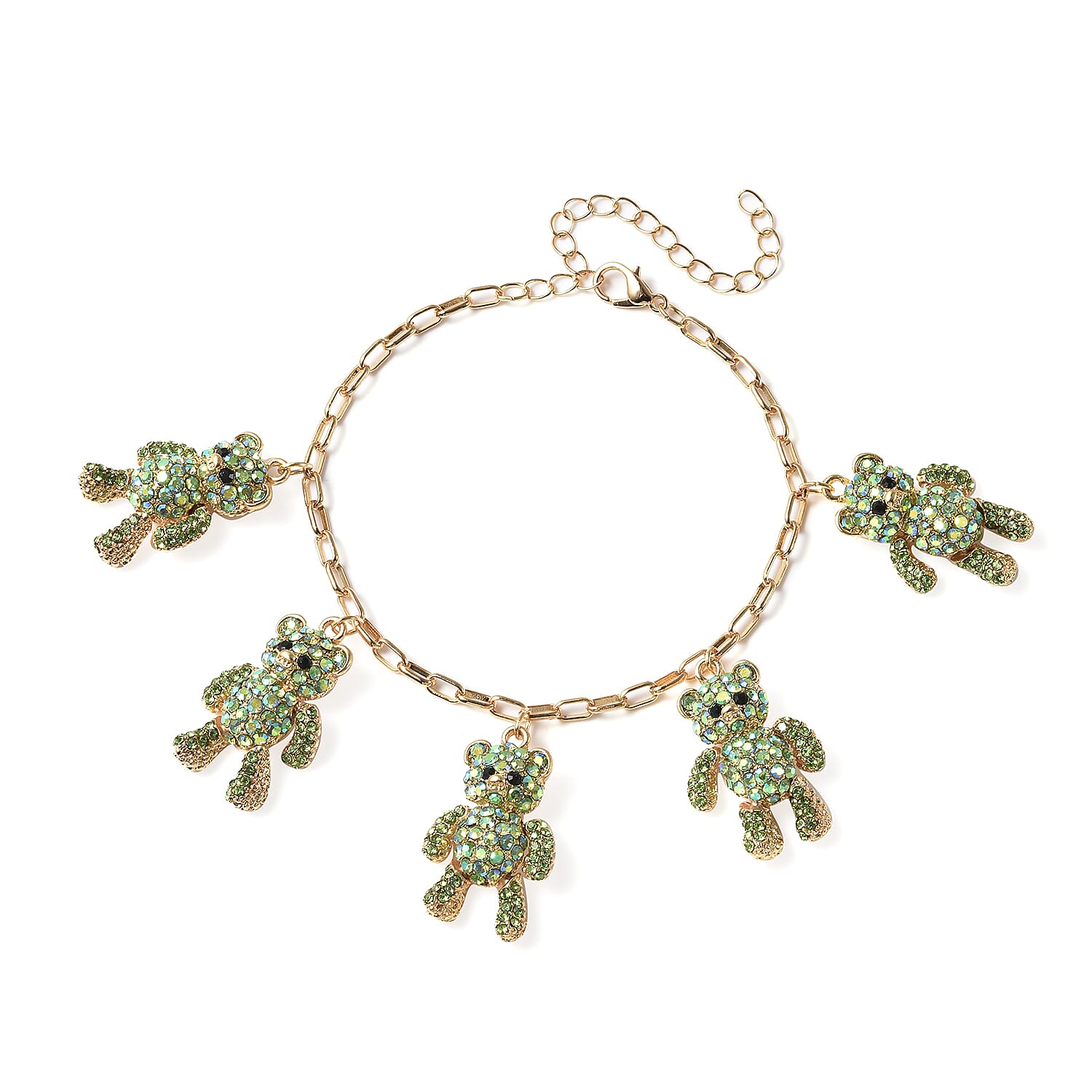 DOORBUSTER Green and Black Austrian Crystal Teddy Bear Charm Paper Clip Chain Bracelet in Goldtone (8.00 In)