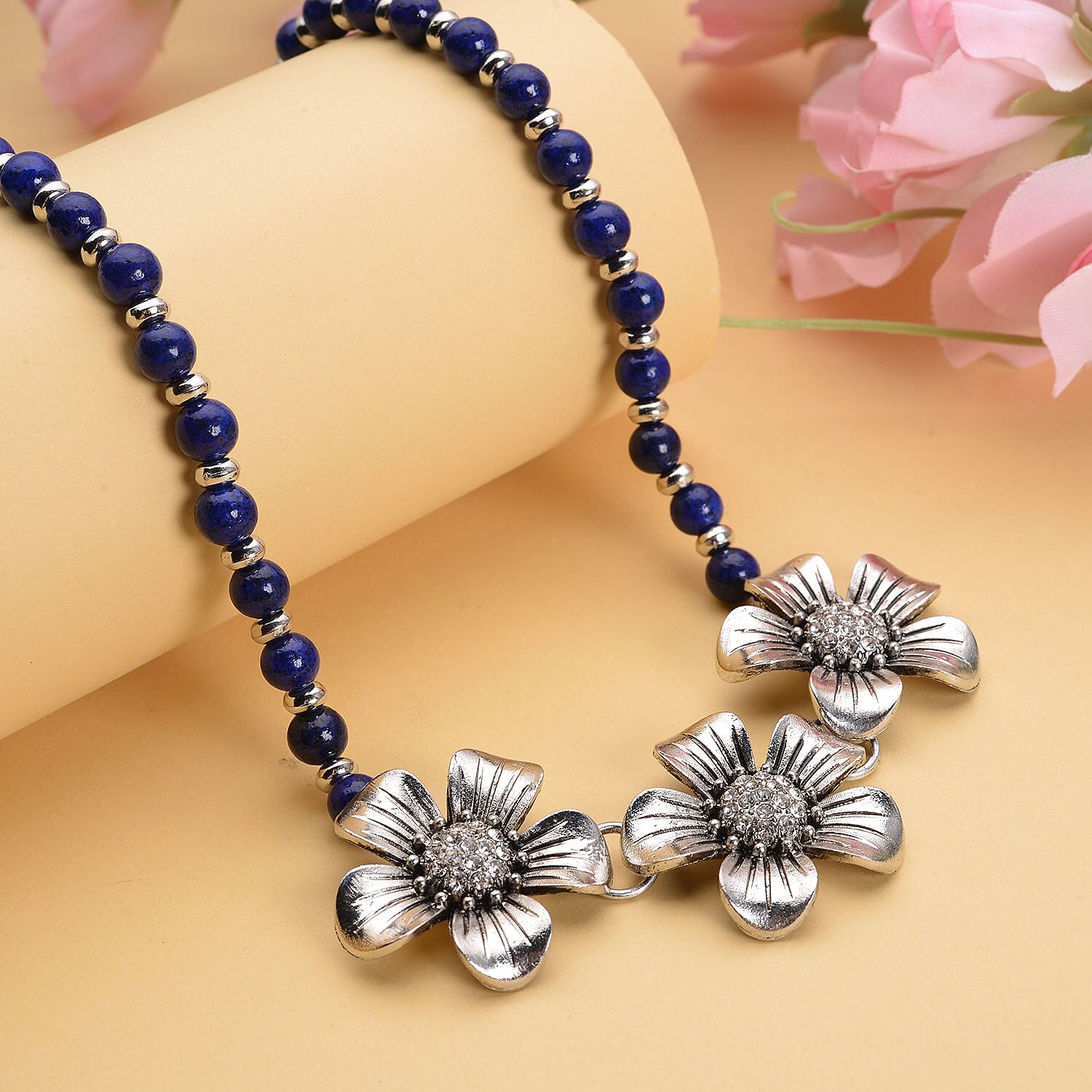 Lapis Lazuli and Austrian Crystal, Resin Floral Necklace 18-20 Inches in Silvertone 57.50 ctw