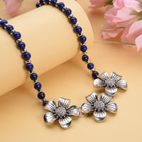 Lapis Lazuli and Austrian Crystal, Resin Floral Necklace 18-20 Inches in Silvertone 57.50 ctw