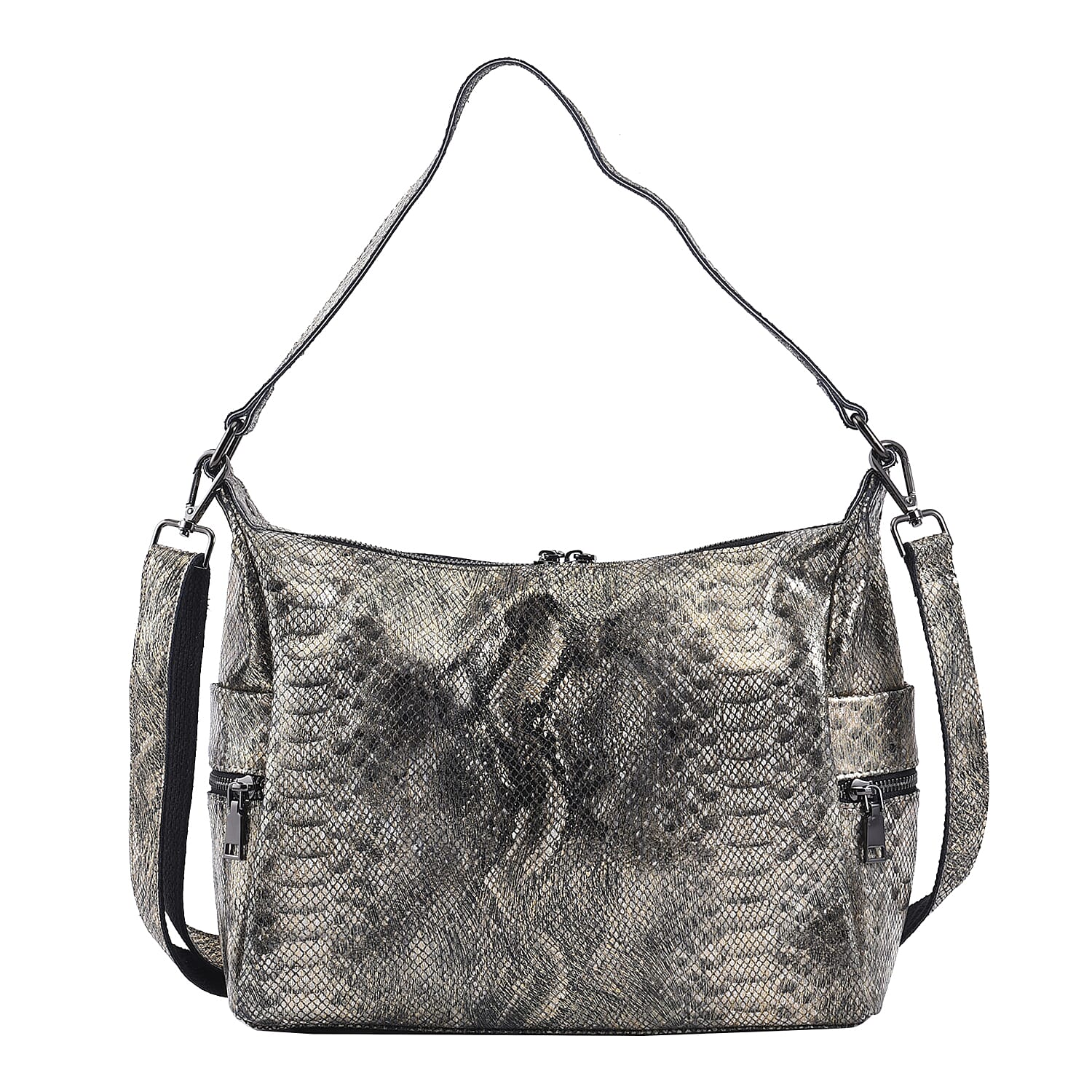 Gold and Black Snake Print Genuine Leather Hobo Bag (11.81"x4"x10.63") with Shoulder Straps