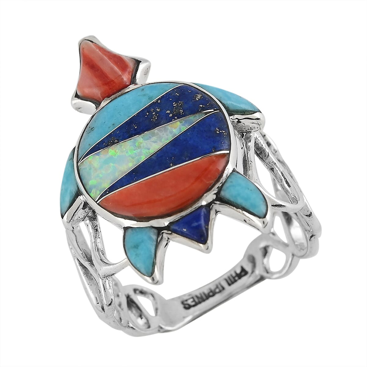 SANTA FE Style Multi Gemstone Turtle Loop Fashion Ring in Sterling Silver 0.90 ctw