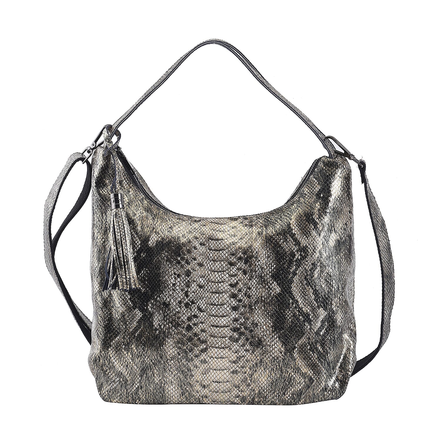Snake Print Genuine Leather Hobo Bag with Detachable Handle Drop