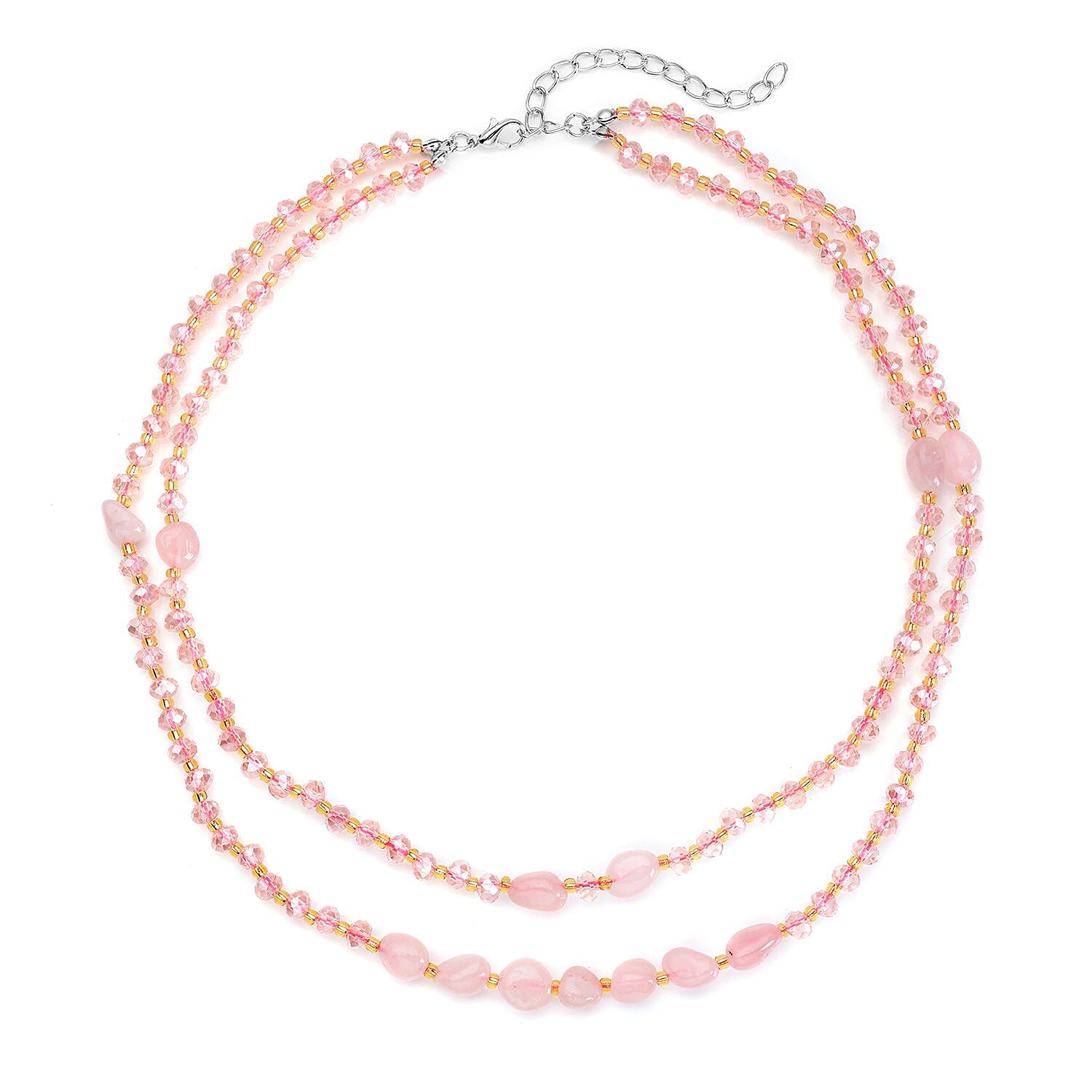 Galilea Rose Quartz, Pink and Champagne Glass Beaded Two Row Necklace (18-20 Inches) in Stainless Steel 50.00 ctw
