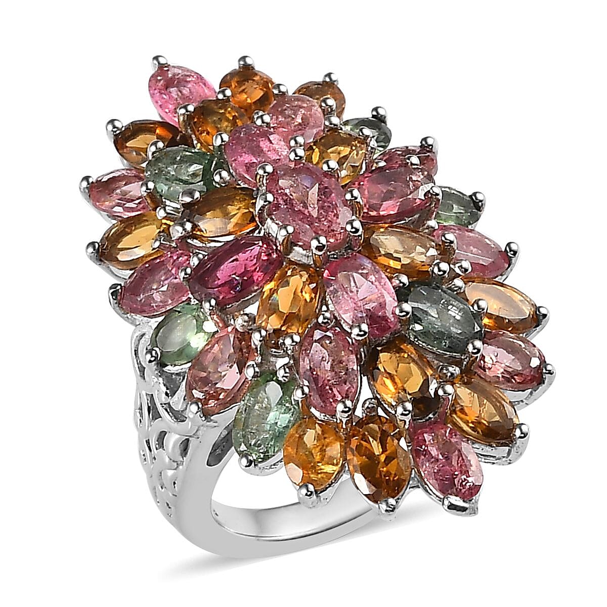Multi-Tourmaline Floral Spray Ring in Platinum Over Sterling Silver 7.20 Grams 7.65 ctw