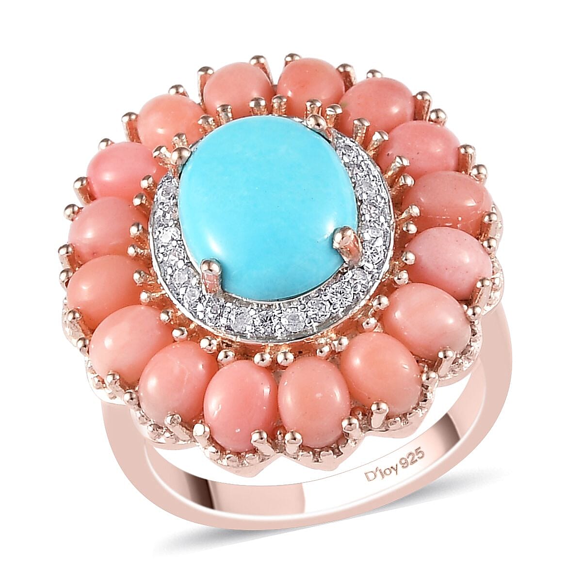 Premium AMERICAN Natural Sleeping Beauty Turquoise, Oregon Peach Opal and Zircon Cocktail Ring in Vermeil RG Over Sterling Silver 4.25 ctw