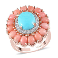 Premium AMERICAN Natural Sleeping Beauty Turquoise, Oregon Peach Opal and Zircon Cocktail Ring in Vermeil RG Over Sterling Silver 4.25 ctw