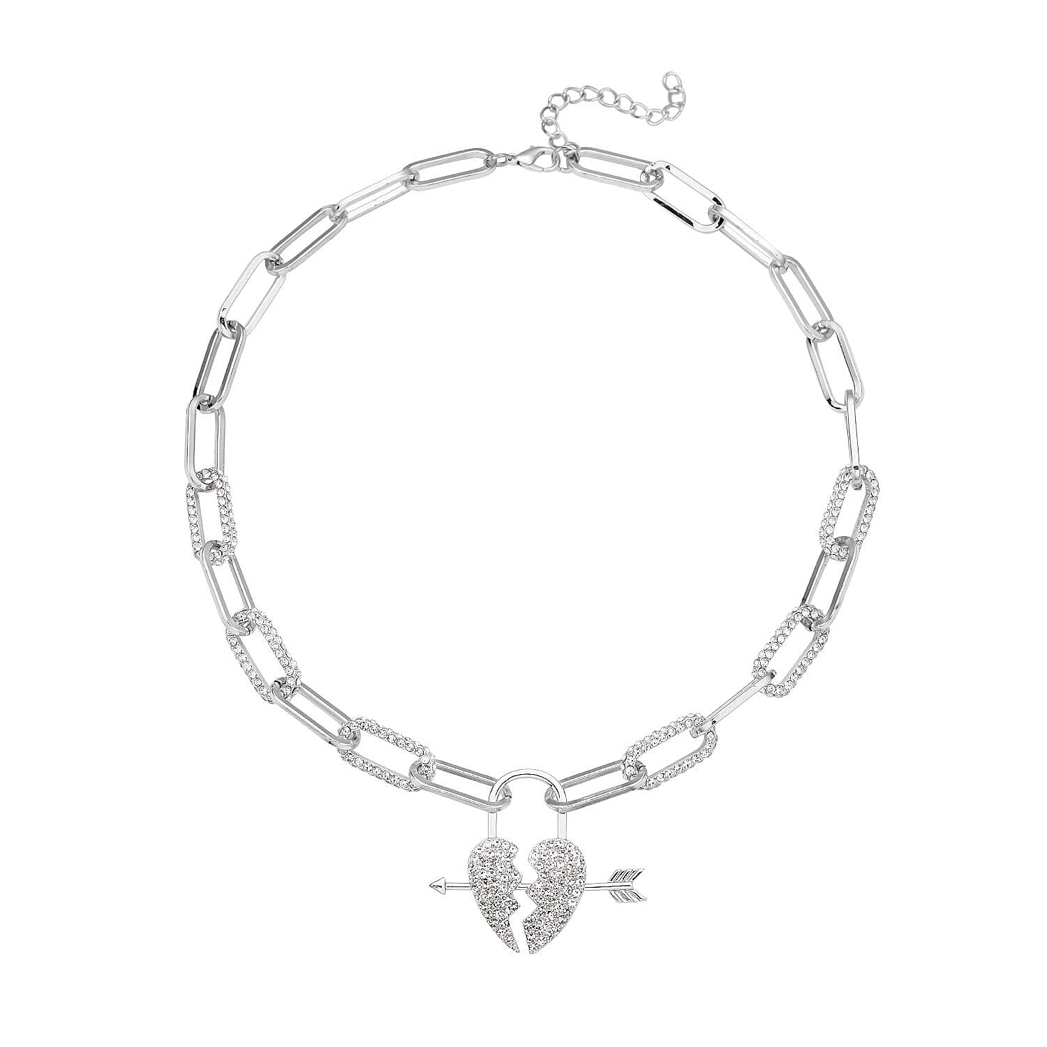 Austrian Crystal Paper Clip Chain Heart Necklace 20-22 Inches in Silvertone