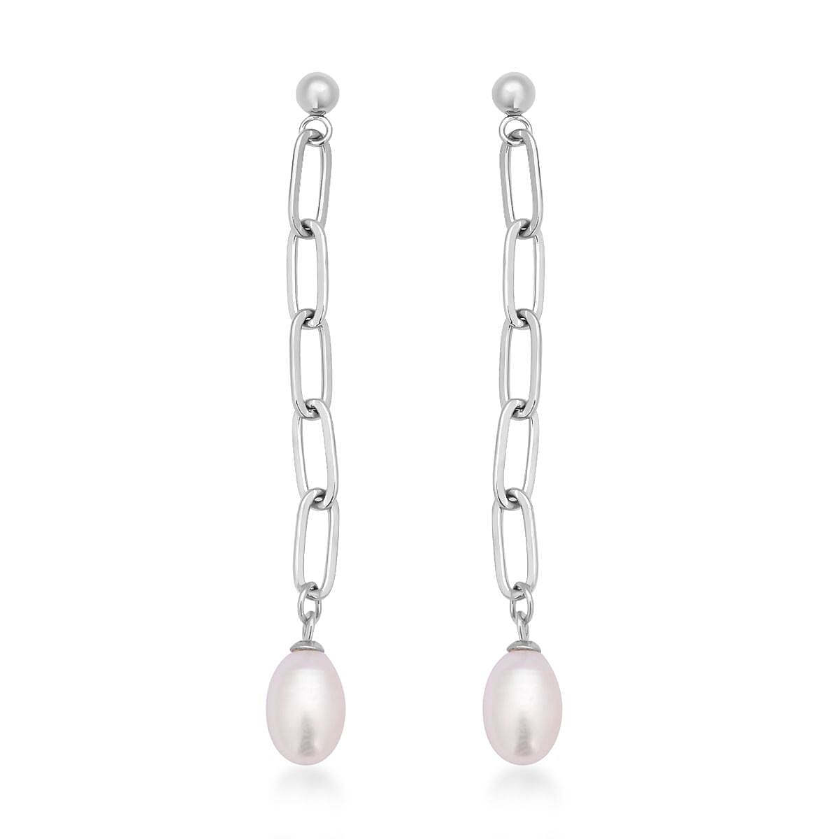 White Freshwater Pearl Paper Clip Chain Drop Earrings in Stainless Steel