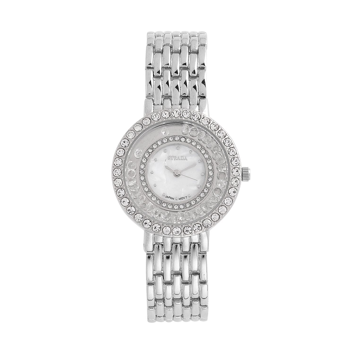 Strada Austrian Crystal Japanese Movement Simulated MOP Dial Bracelet Watch in Goldtone (36mm) (5.50-8.0Inches)
