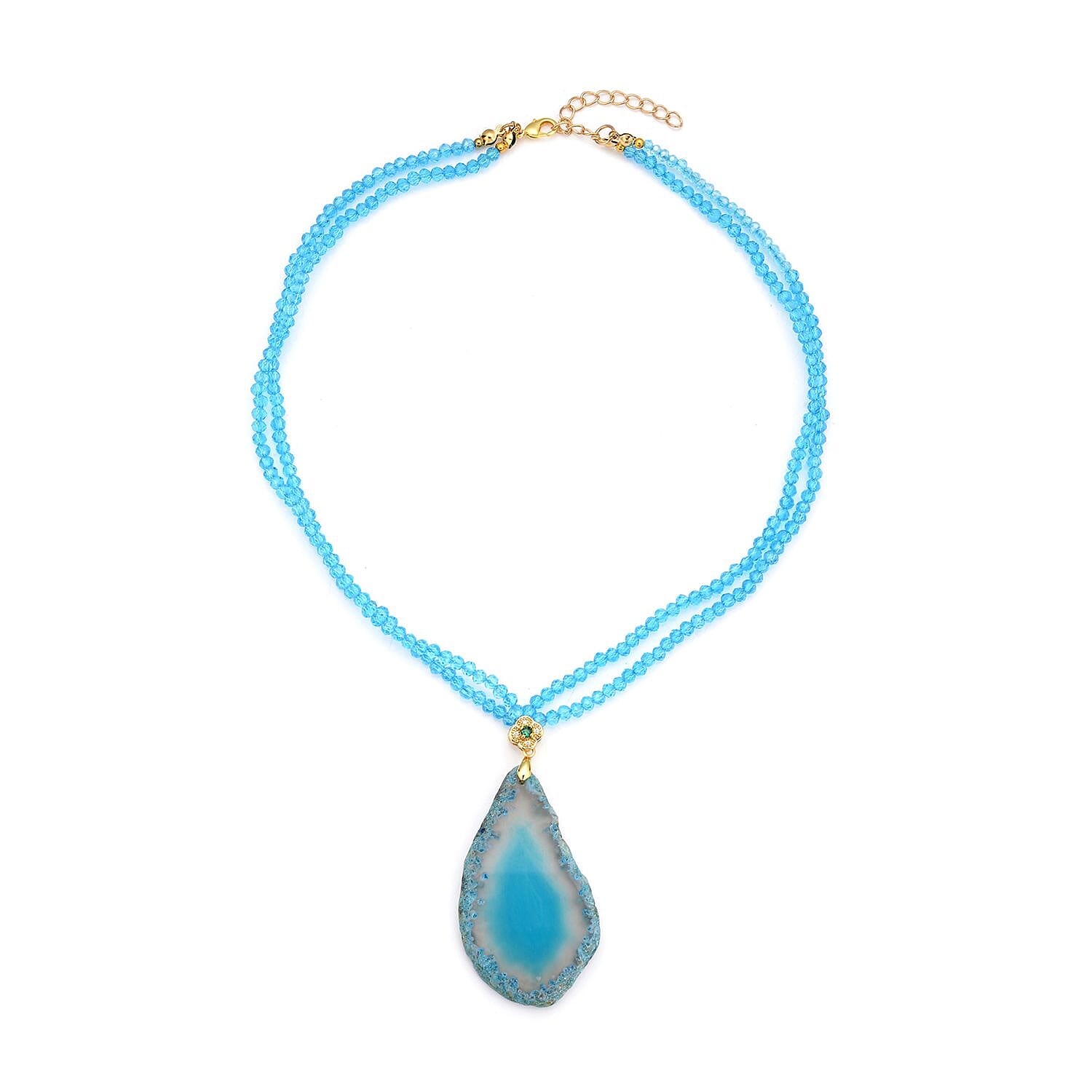 Enhanced Blue Agate, Blue Glass, White and Green Austrian Crystal Double Layer Beaded Necklace 18-20 Inches in Goldtone 91.00 ctw