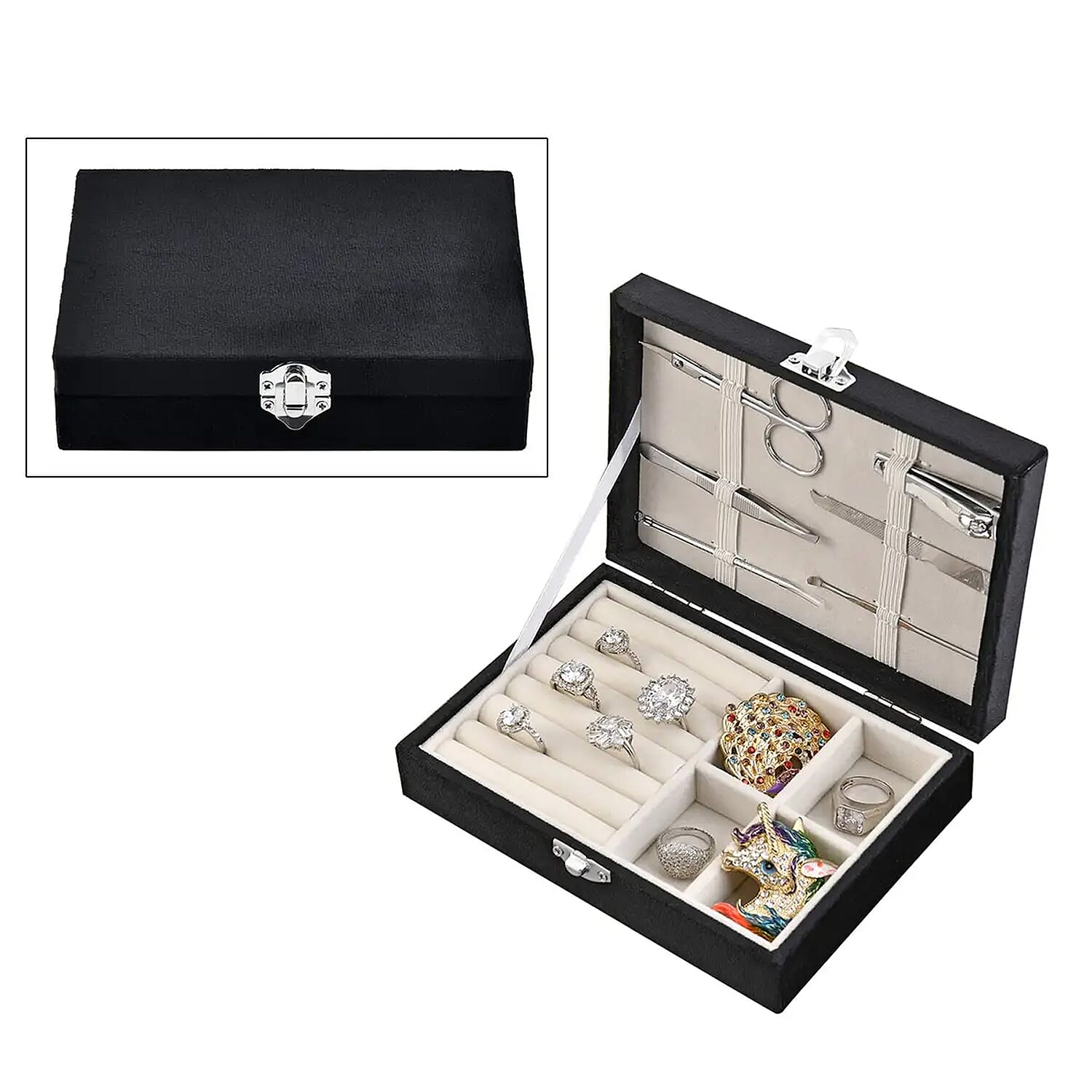 Black Velvet Jewelry Box with 6pcs Manicure Set (6.5"x4.7"x1.8")